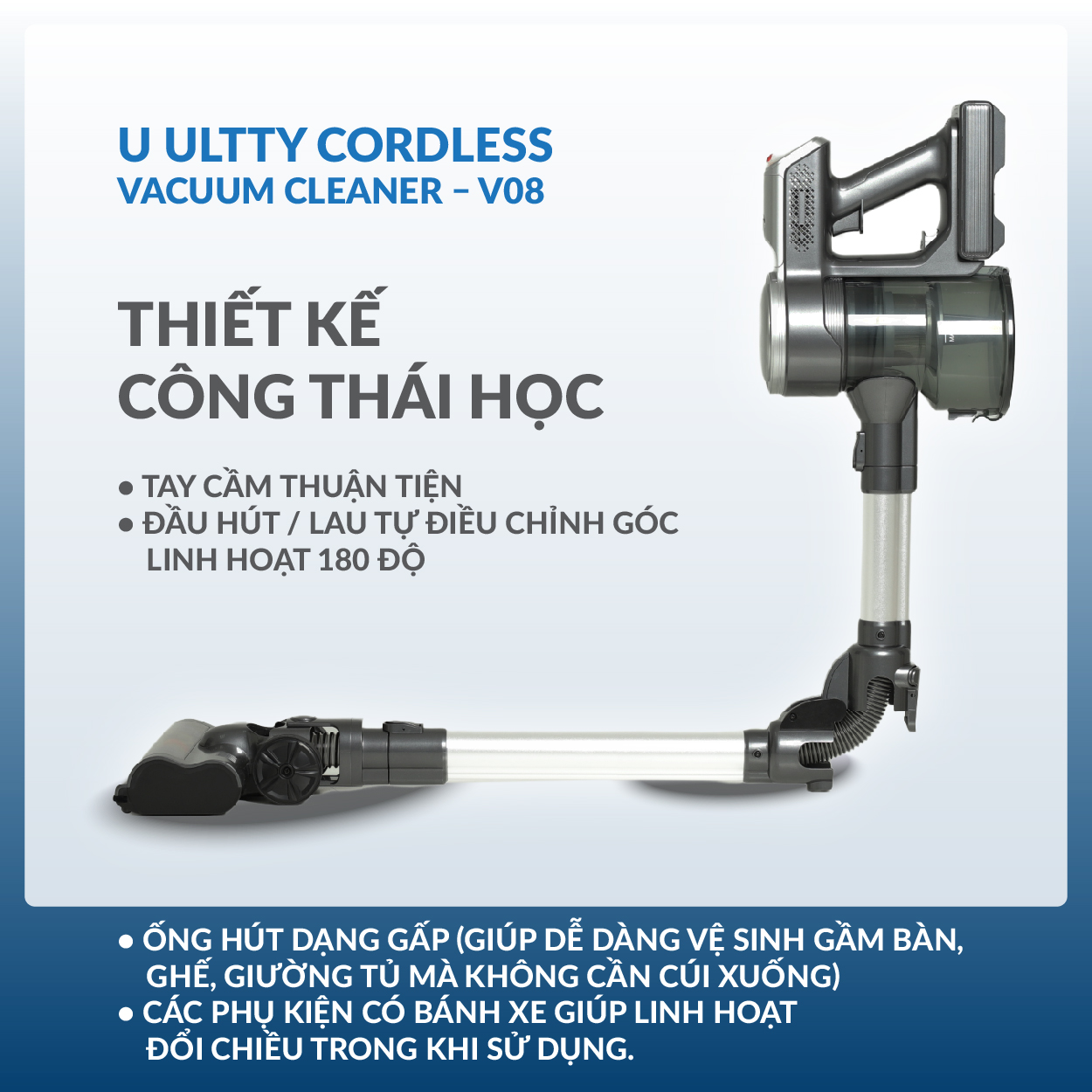 Máy hút bụi lau nhà cầm tay không dây thông minh Ultty V08 - Lực hút 24000 pascal - Hàng chính hãng