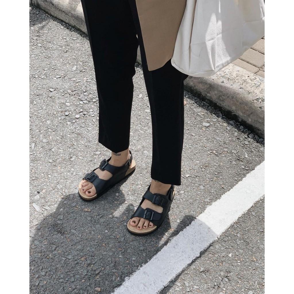 Sandal Unisex HuuCuong 2 khóa da bò đen đế trấu