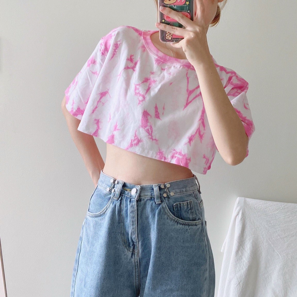 Áo Croptop Nữ Tay Lỡ Phối Loang Màu Vải Cotton Ulzzang