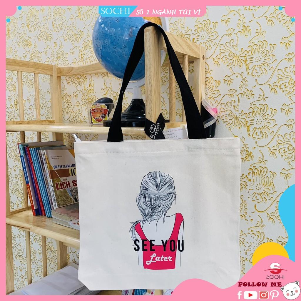 Túi tote vuông vải canvas cao cấp có khóa kéo miệng túi in họa tiết cô gái áo hồng see you latter cá tính, trẻ trung