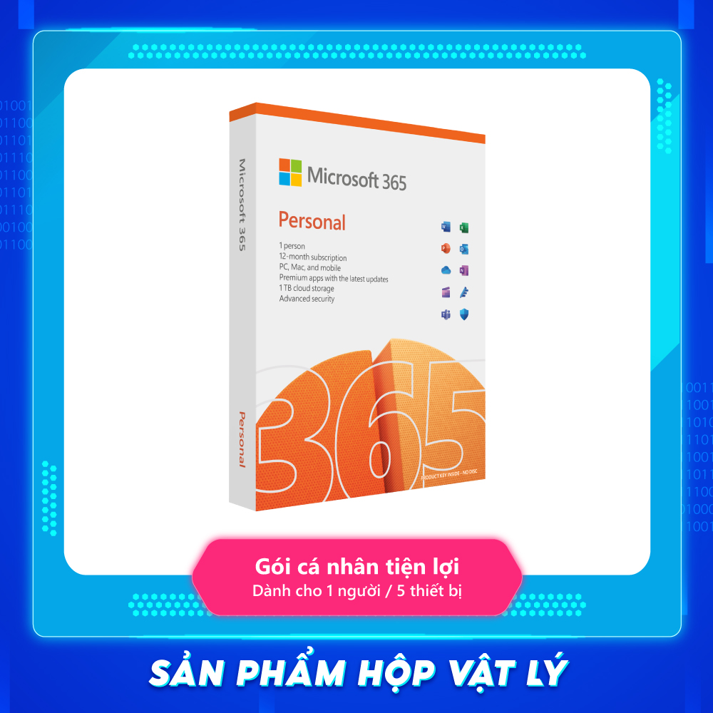 Phần mềm Microsoft Office 365 Personal  | 12 tháng | Dành cho 1 người | 5 thiết bị/tài khoản | Word, Excel, PowerPoint | 1TB OneDrive