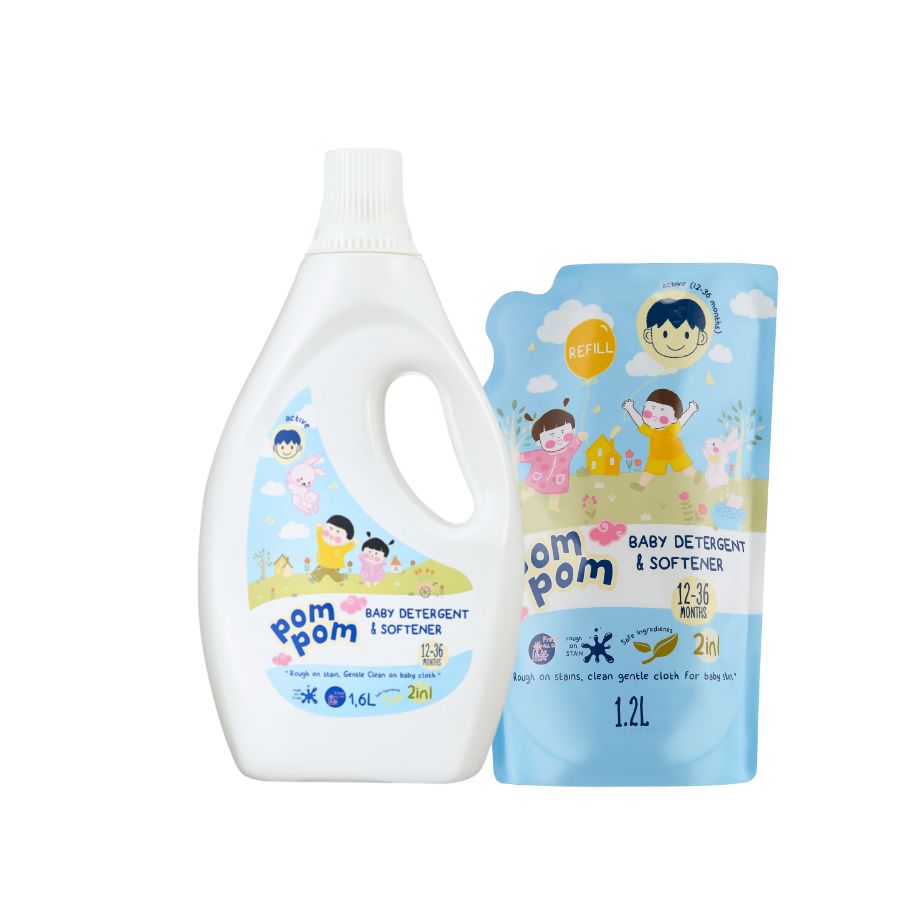 Combo Gồm Chai 1.6L và Túi 1.2L Nước Giặt Xả Pom Pom Active Dành Cho Bé Từ 12-36 Tháng Tuổi