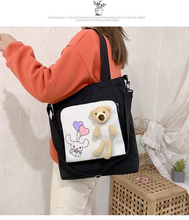 Túi tote vải canvas đeo vai gấu dễ thương có khoá kéo tiện lợi G0080 chất liệu bền đẹp