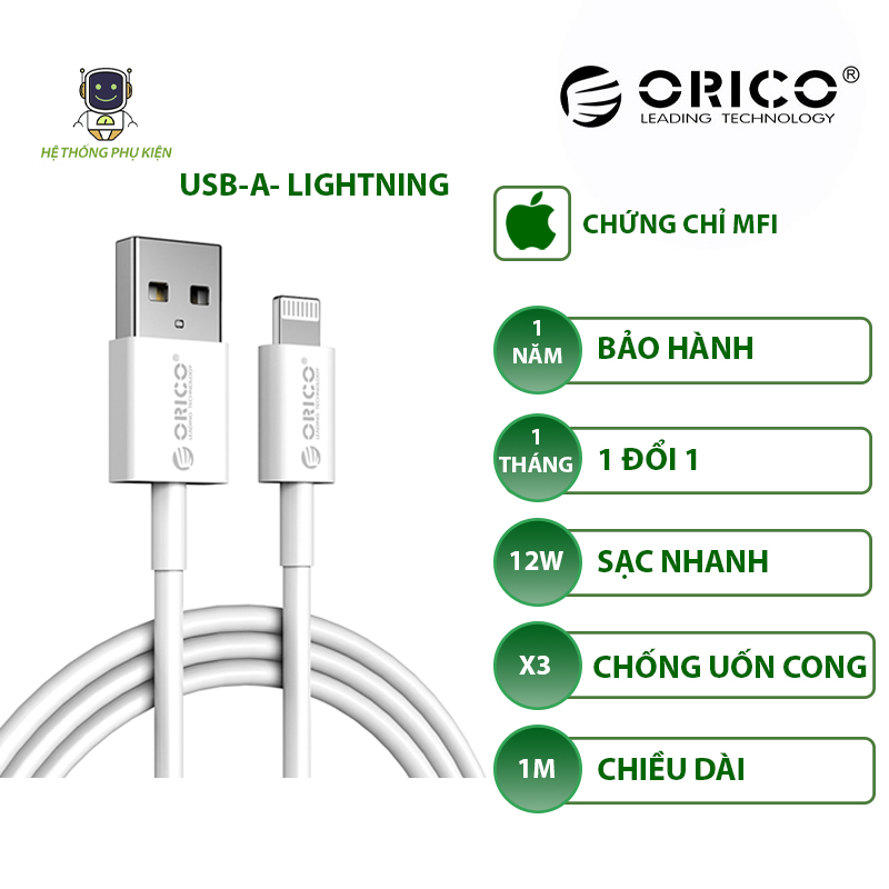 Cáp Sạc Iphone USB A Sang Lightning (MFI) ORICO- AL01-10-WH- Hàng Chính Hãng