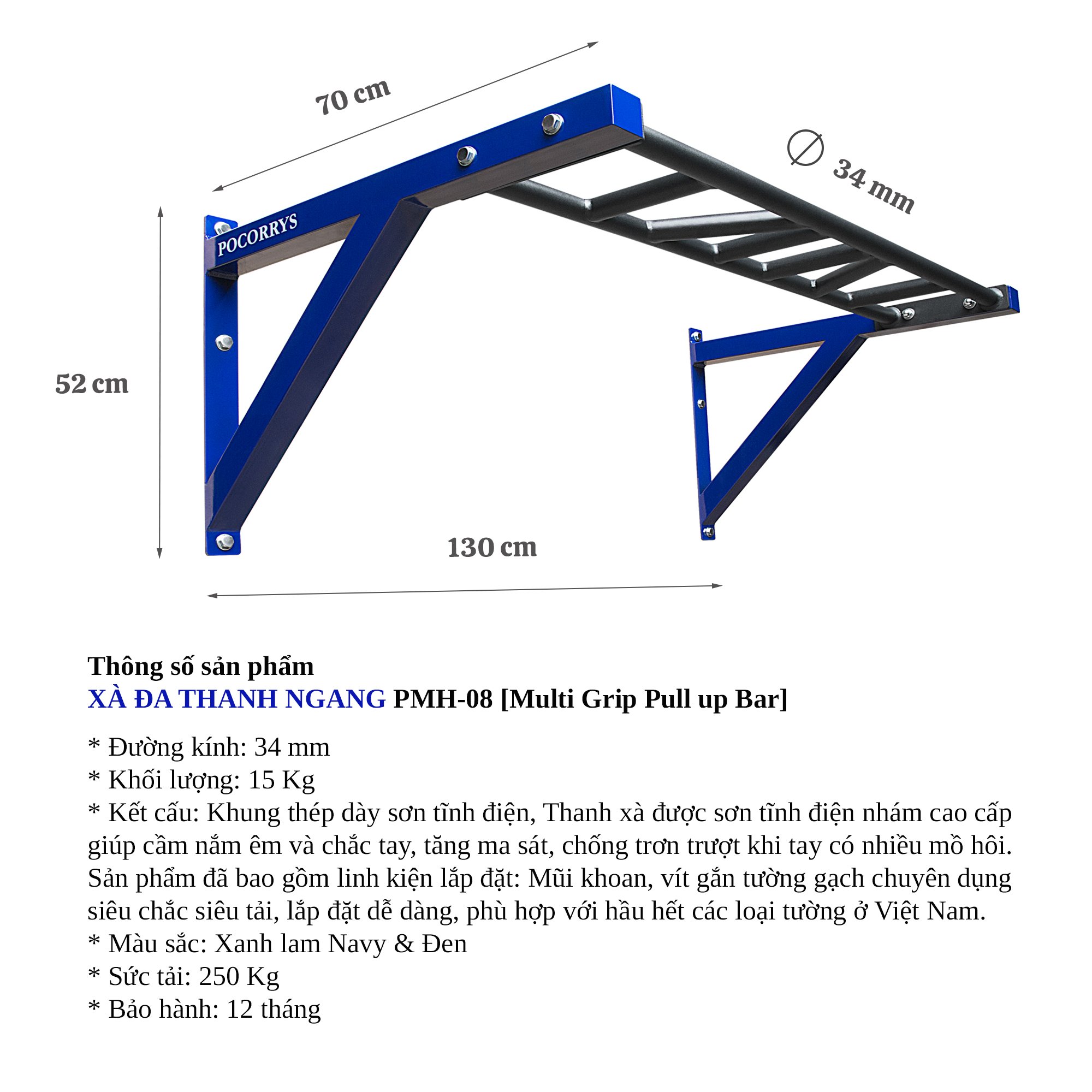 Xà đơn gắn tường, nhiều tay nắm, Xà đa thanh ngang, Pull up bar Pocorrys PMH-08, Màu xanh đen