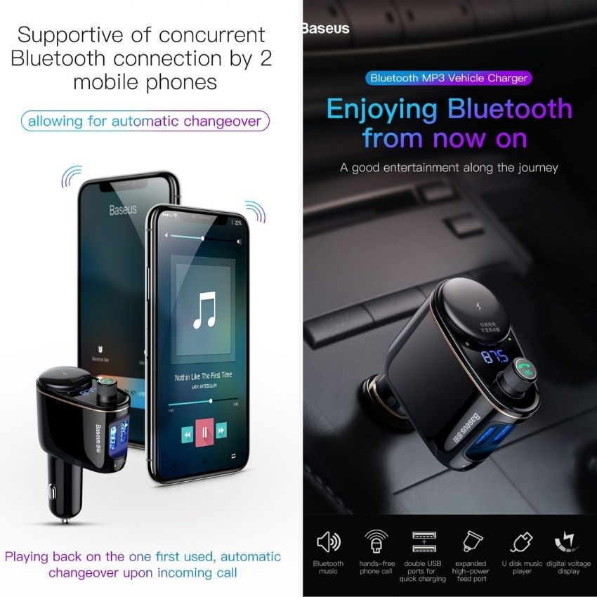 Bộ tẩu sạc trên xe hơi Baseus Locomotive Bluetooth MP3 Vehicle Charger S06- Hàng chính hãng