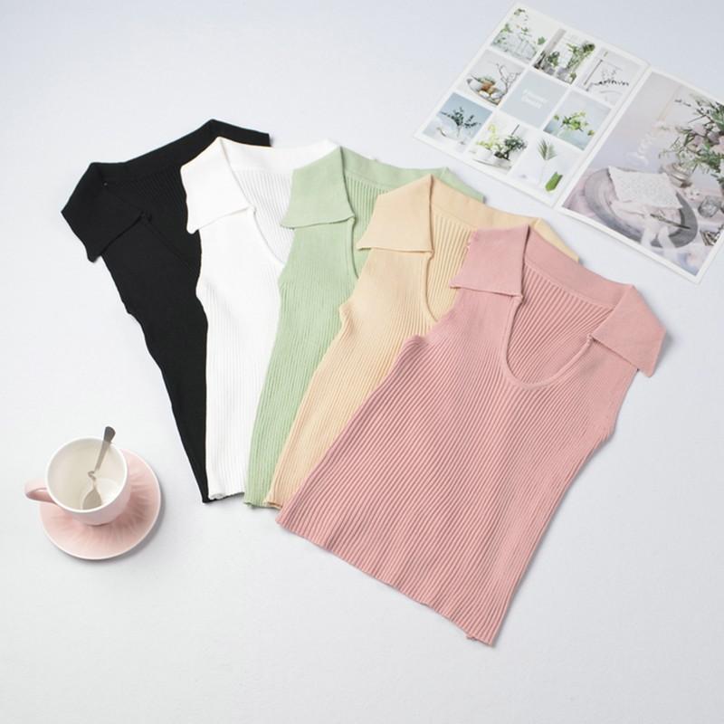 Áo tank top dệt kim nữ cổ chữ U màu trơn
