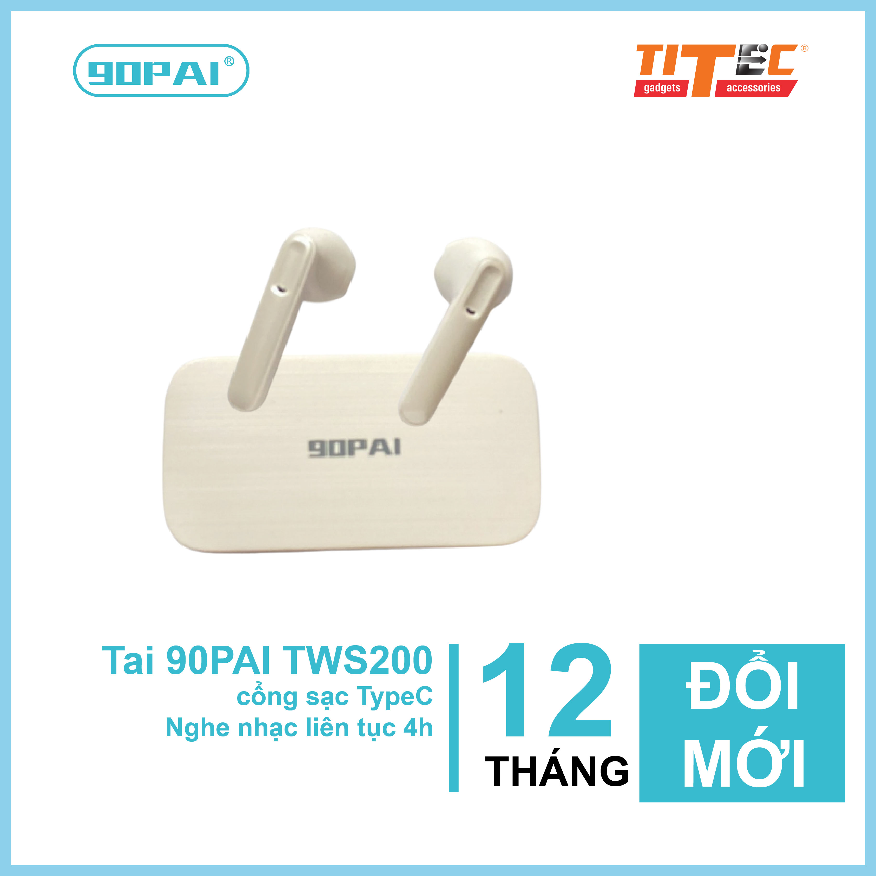 Tai nghe True wireless 90PAI TWS200 cảm ứng vân tay, Bluetooth 5.0, nghe nhạc liên túc đến 4h, chống ồn, chống nước- hàng chính hãng