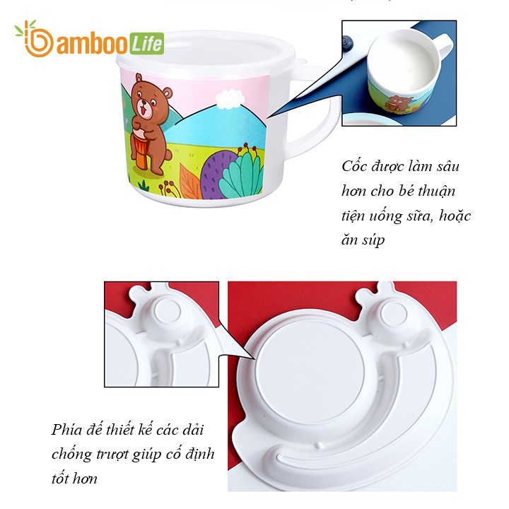 Khay ăn dặm sợi tre Bamboo Life an toàn cho bé- Bộ chén ăn dặm cao cấp 5 chi tiết thìa, dĩa, khay, bát, cốc hình Sên