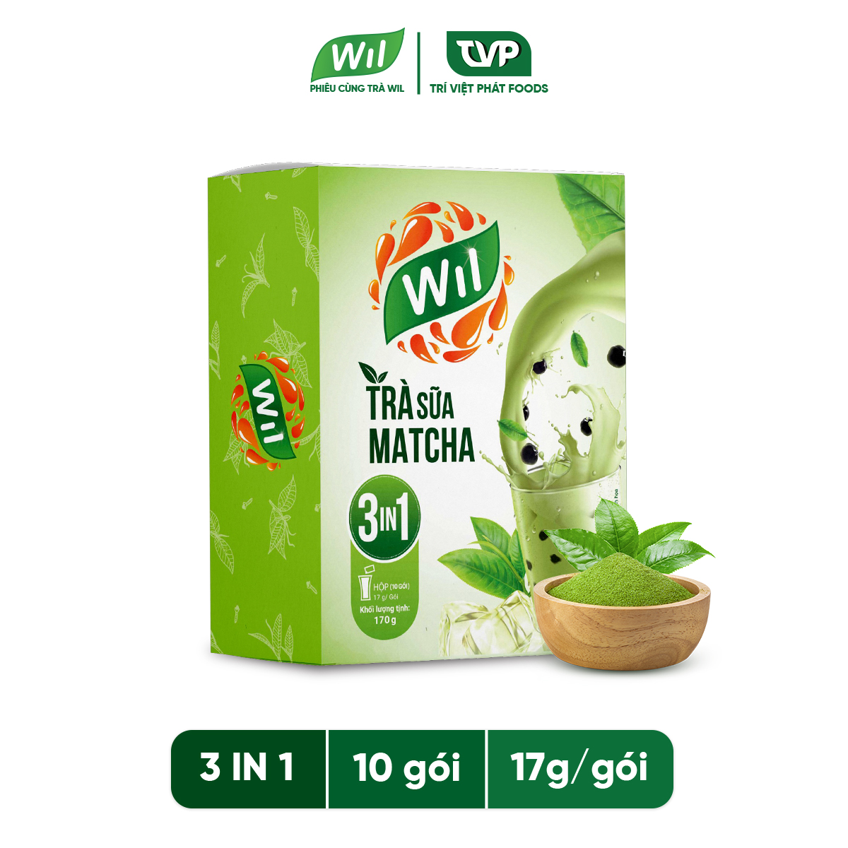 Trà sữa hòa tan matcha Wil 3 in 1 bổ sung năng lượng giải khát hộp 170g (10 gói x 17g)