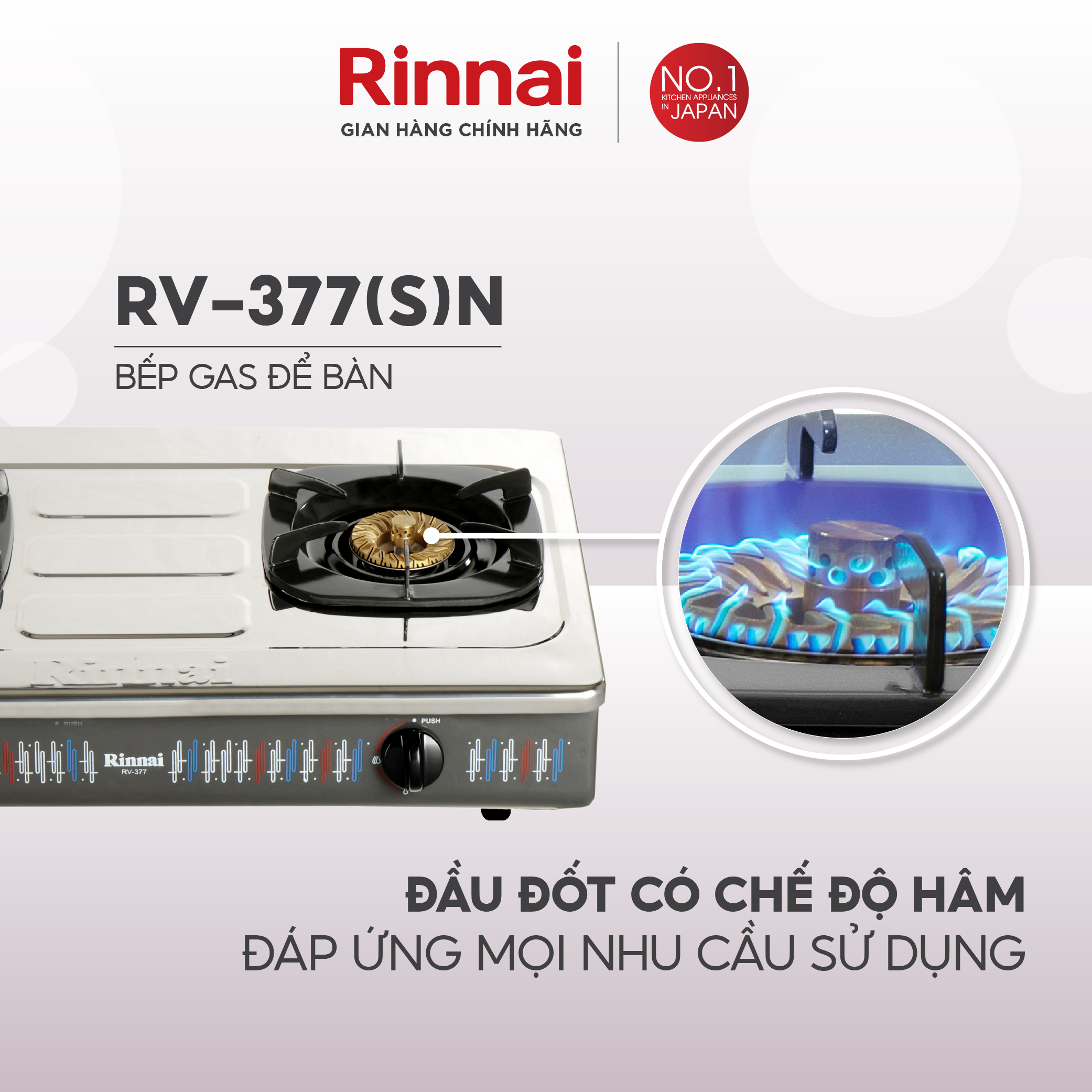 Bếp gas dương Rinnai RV-377N mặt bếp inox và kiềng bếp men - Hàng chính hãng.