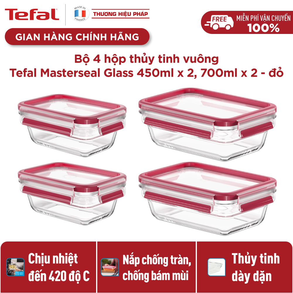 Bộ 4 hộp bảo quản thực phẩm thủy tinh Tefal Masterseal Glass (450ml x 2, 700ml x 2) - Hàng chính hãng