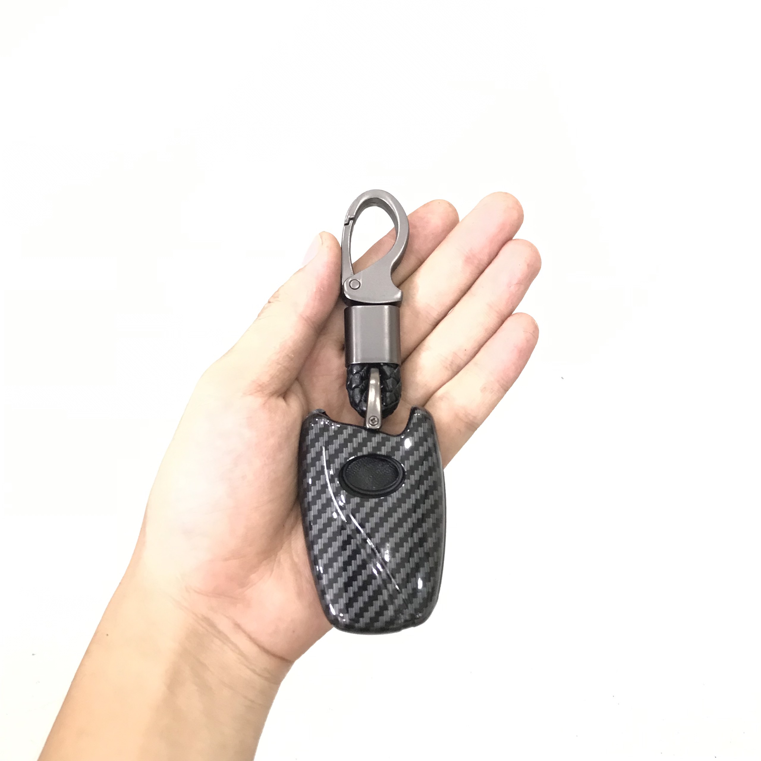 Ốp nhựa carbon lót silicon bảo vệ chìa khóa xe Hyundai Santafe 2014-2018 kèm móc đeo INOX