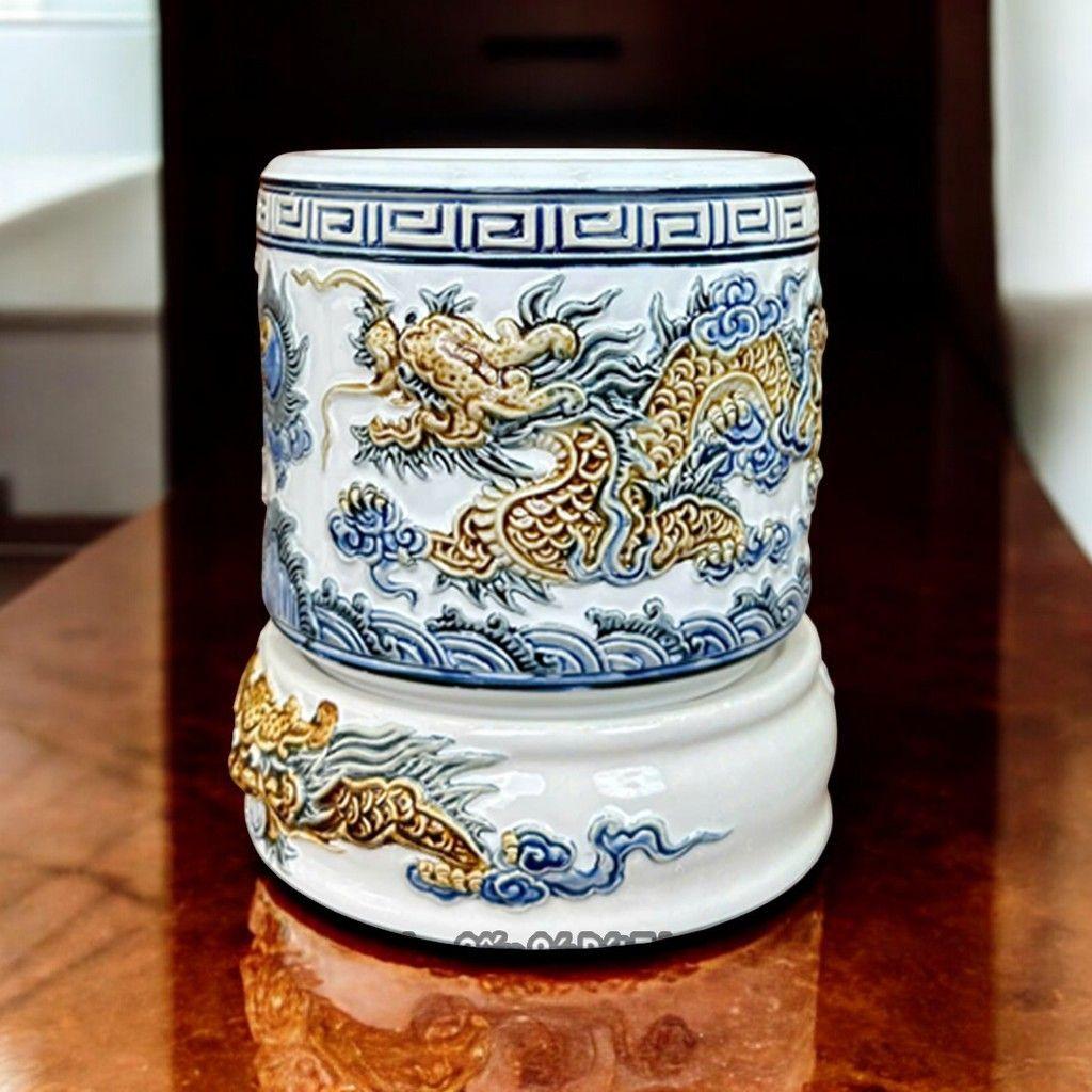 Bát Hương Gốm Sứ Bát Tràng RỒNG VIỆT, Lư Hương Thờ Cúng Cao Cấp Đắp Nổi Rồng Phượng Men Trắng
