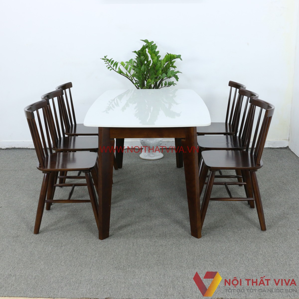 Bàn Ăn Mặt Đá Hoa Cương Chân Vát 6 Ghế Nan Gỗ Cao Su Bền Đẹp Hiện Đại