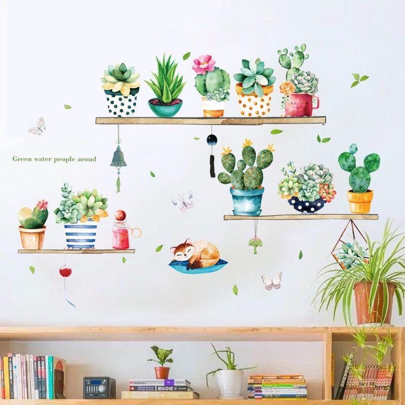 Decal dán tường kệ cây và mèo