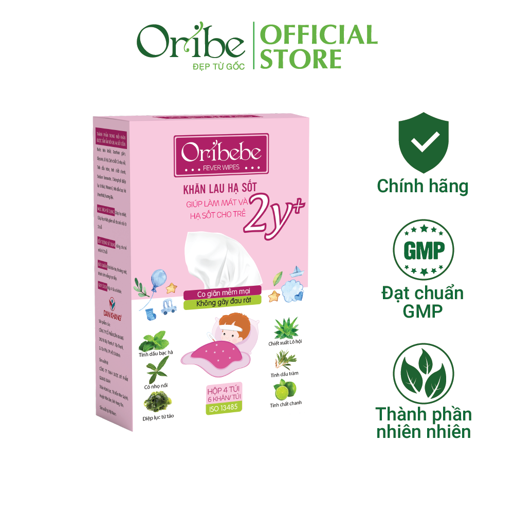 Khăn Lau Hạ Sốt 2Y+ Oribebe Cho Bé Giúp Hạ Nhiệt Giảm Sốt Hộp 4 Túi x 6 Khăn