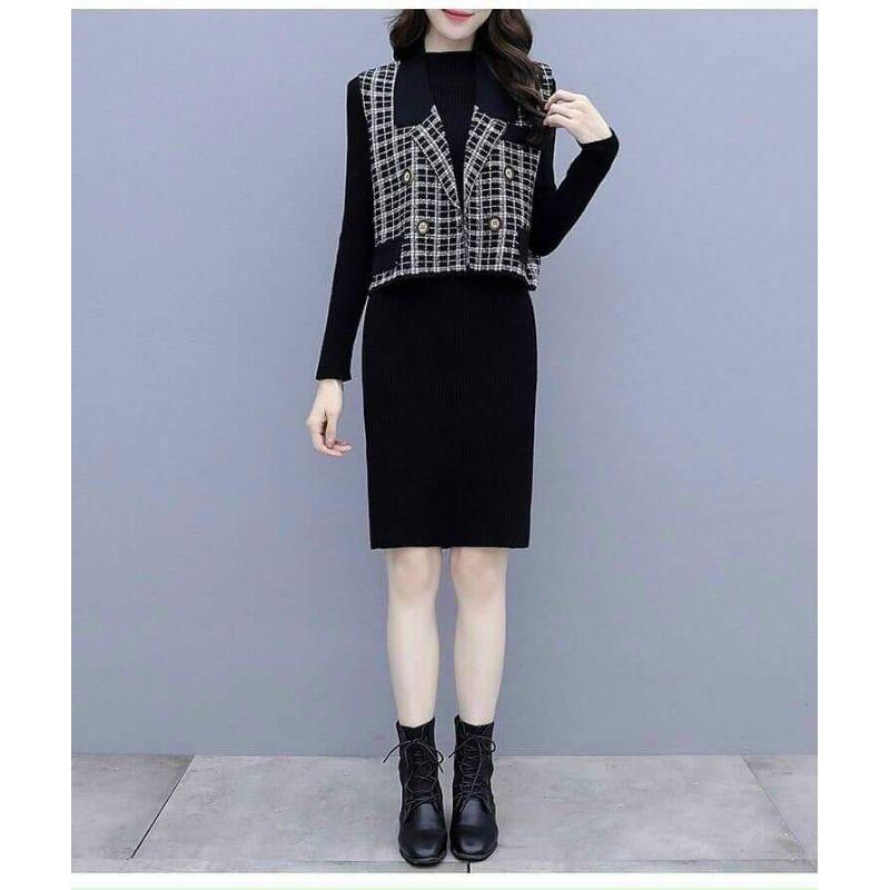 SÉT ĐẦM LEN PHỐI CARO CAO CẤP