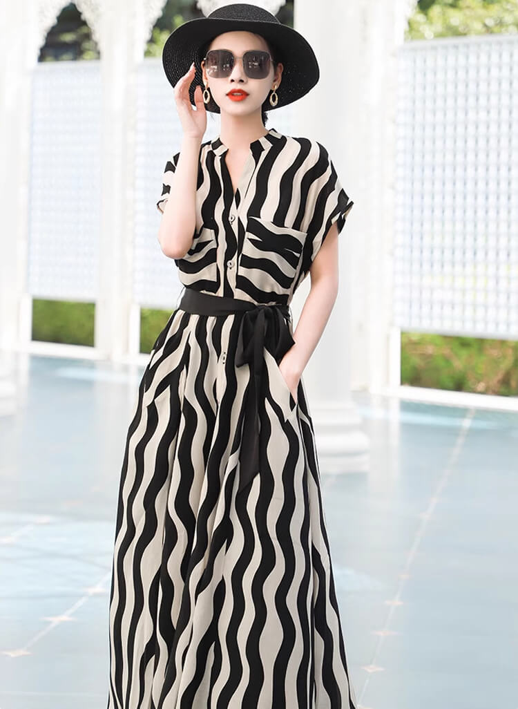 Đầm sơ mi gợn sóng cột eo