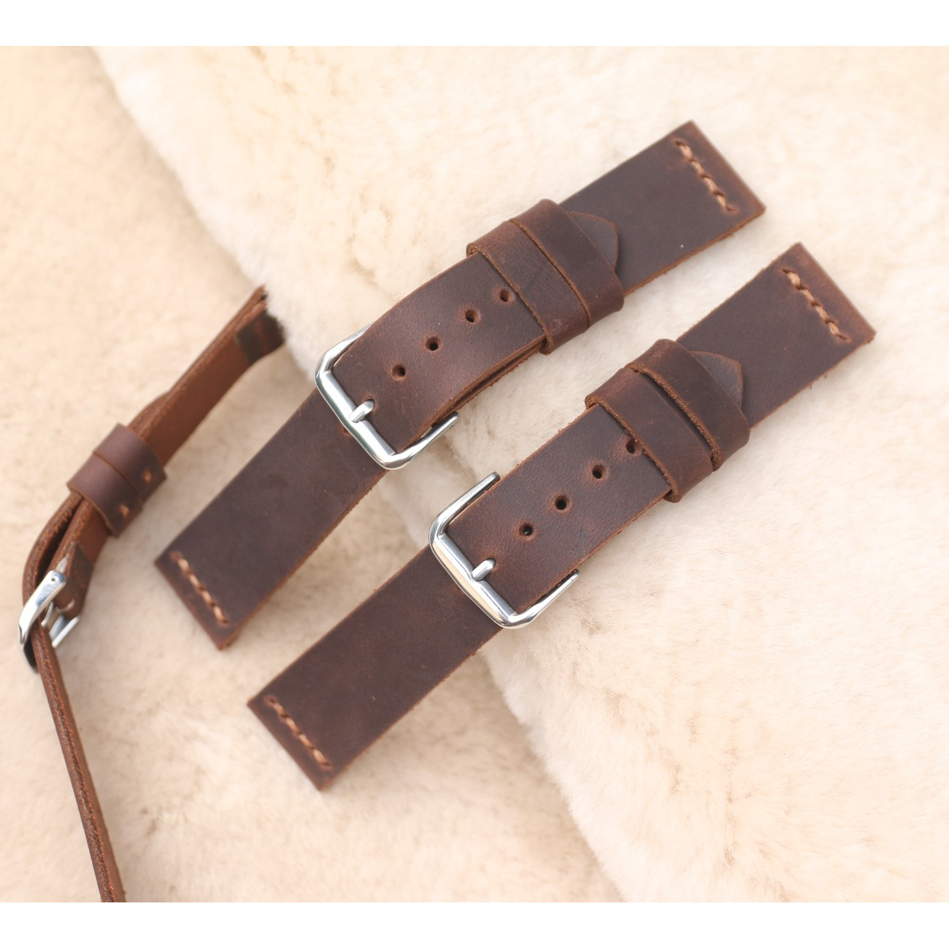 Dây đồng hồ da bò sáp nâu đỏ sậm kèm khóa handmade