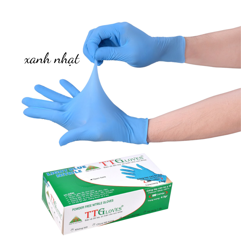 Găng Tay Y Tế, Găng Tay Cao Su Y Tế Không Bột Nitrile TTGLOVES cao cấp Màu Xanh 4.5g 100 Chiếc (Size S)