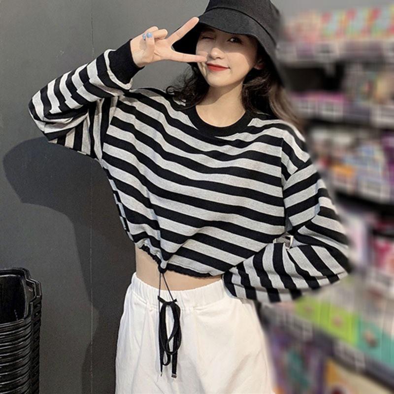 Áo Croptop Dài Tay Dáng Rộng Họa Tiết Kẻ Sọc Phong Cách Thoải Mái