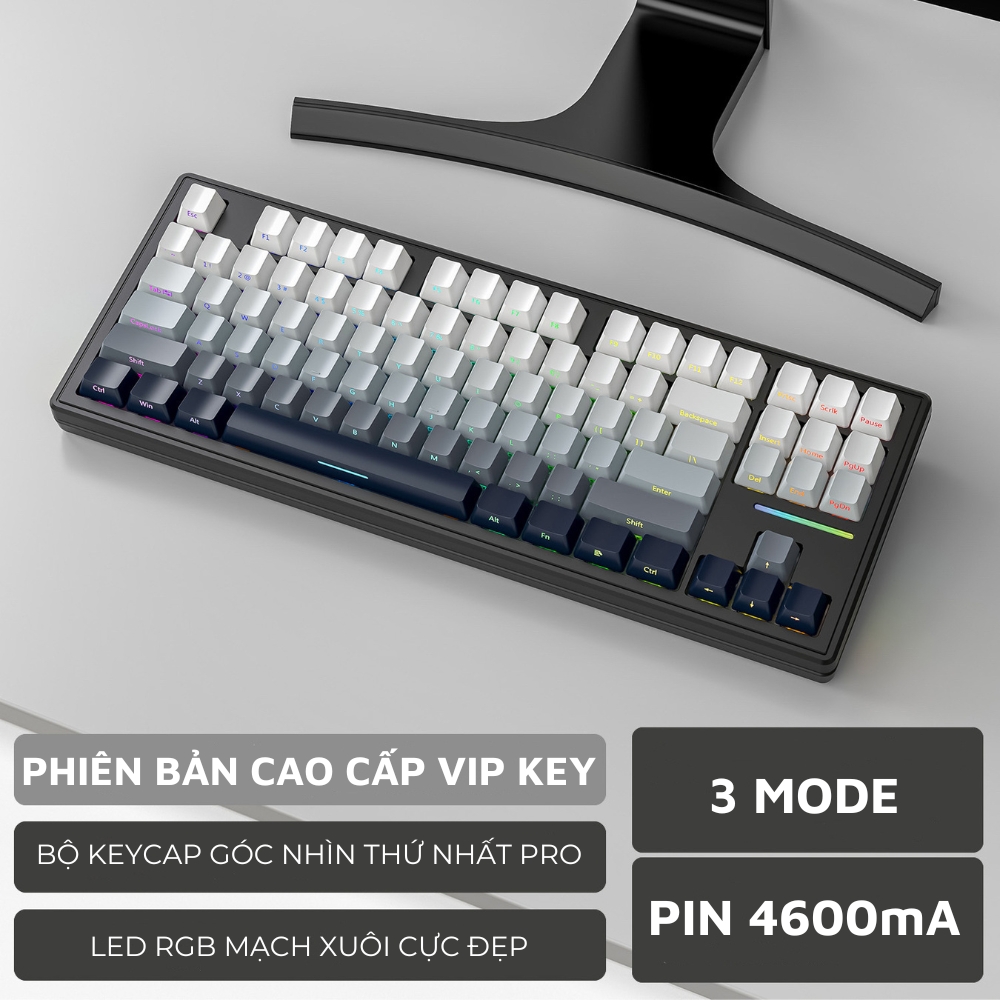 Bàn Phím Cơ Gaming Không Dây Bluetooth XM87 LED RGB Pro Keycap Xịn, White Switch, Hotswap, 3 Mode-Hàng Chính Hãng