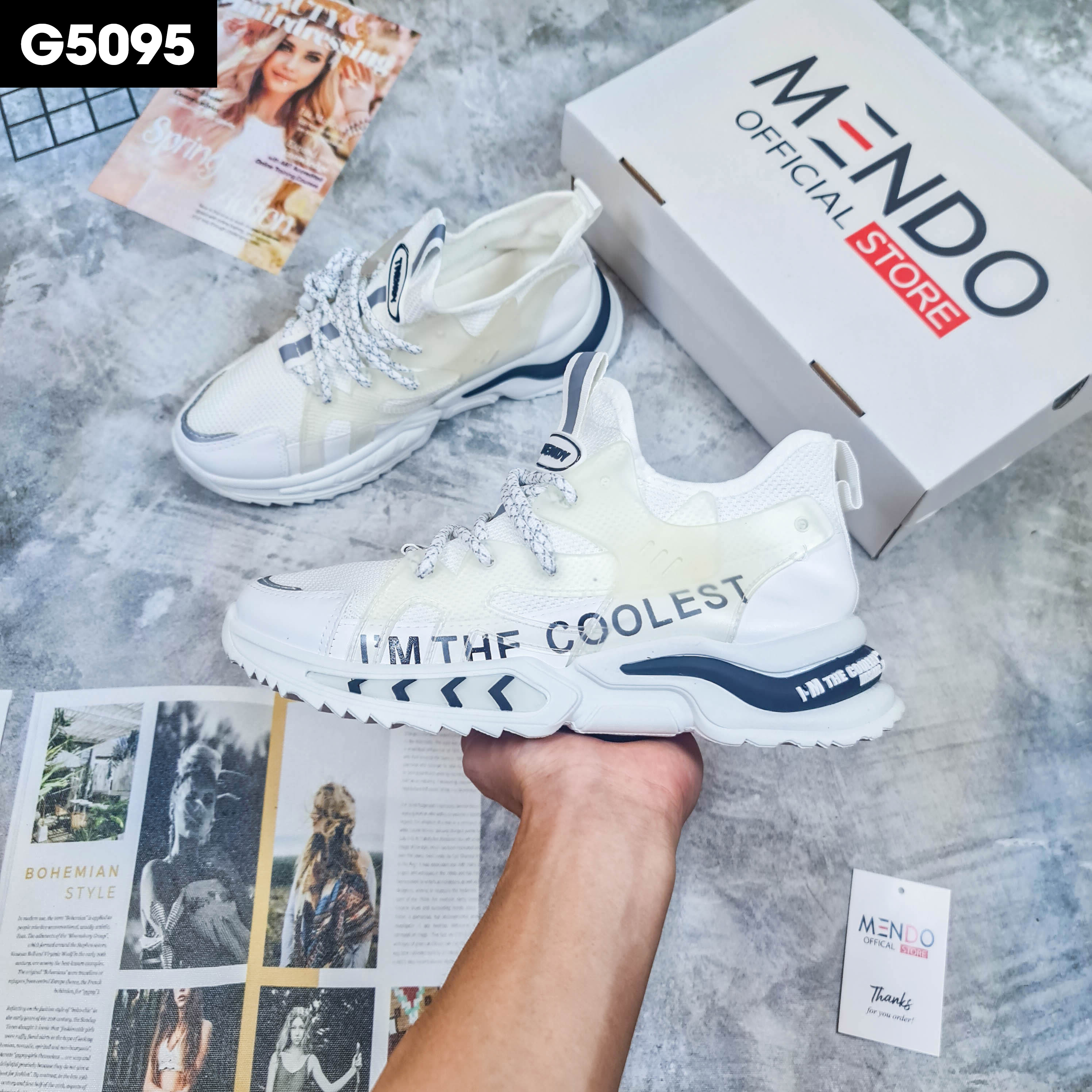 Giày Thể Thao Nam MENDO - Giày Sneaker Màu Trắng - Đen - Xám , Giày Thể Thao Chạy Bộ Xuyên Việt - G5095