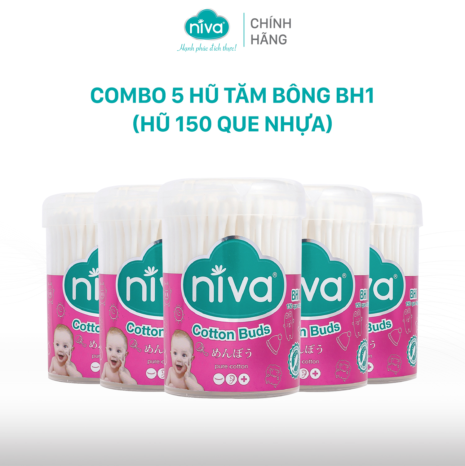 Combo 5 Tăm Bông Niva Cho Trẻ Sơ Sinh Hũ Xoay 150 Que Thân Nhựa BH1 Bông Tự Nhiên, Công Nghệ Kháng Khuẩn An Toàn Cho Bé