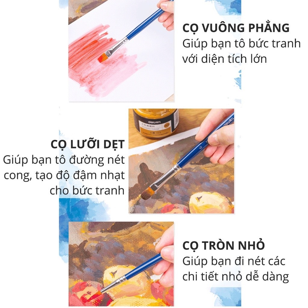 Bộ cọ vẽ chuyên nghiệp Deli 73885 - Dùng cho màu nước, màu bột, sơn acrylic - Cọ Niken, lông nhân tạo