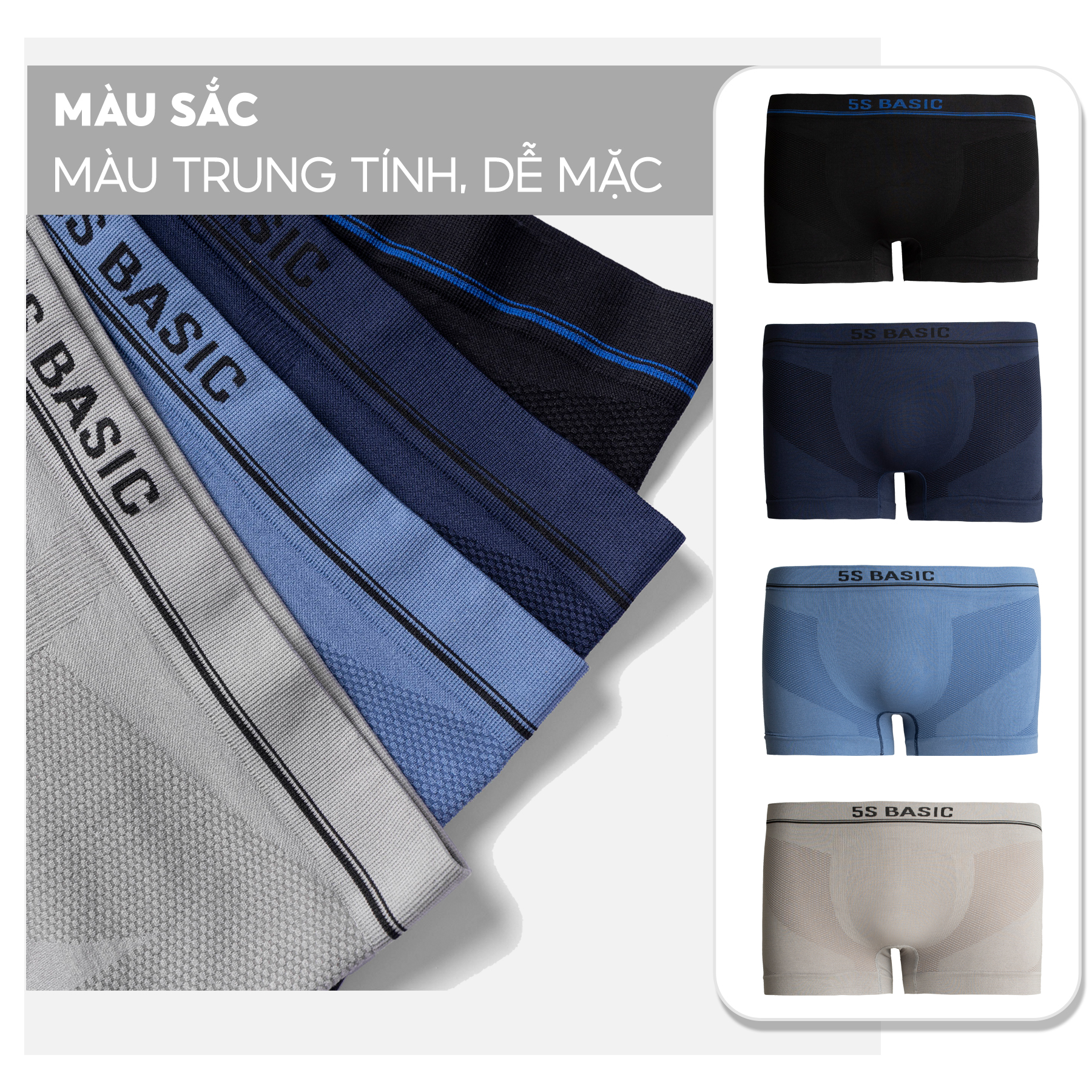 Quần Sịp Đùi Nam 5S , Cạp Dệt Không Đường May, Thấm Hút, Co Giãn, Kháng Khuẩn Cực Tốt