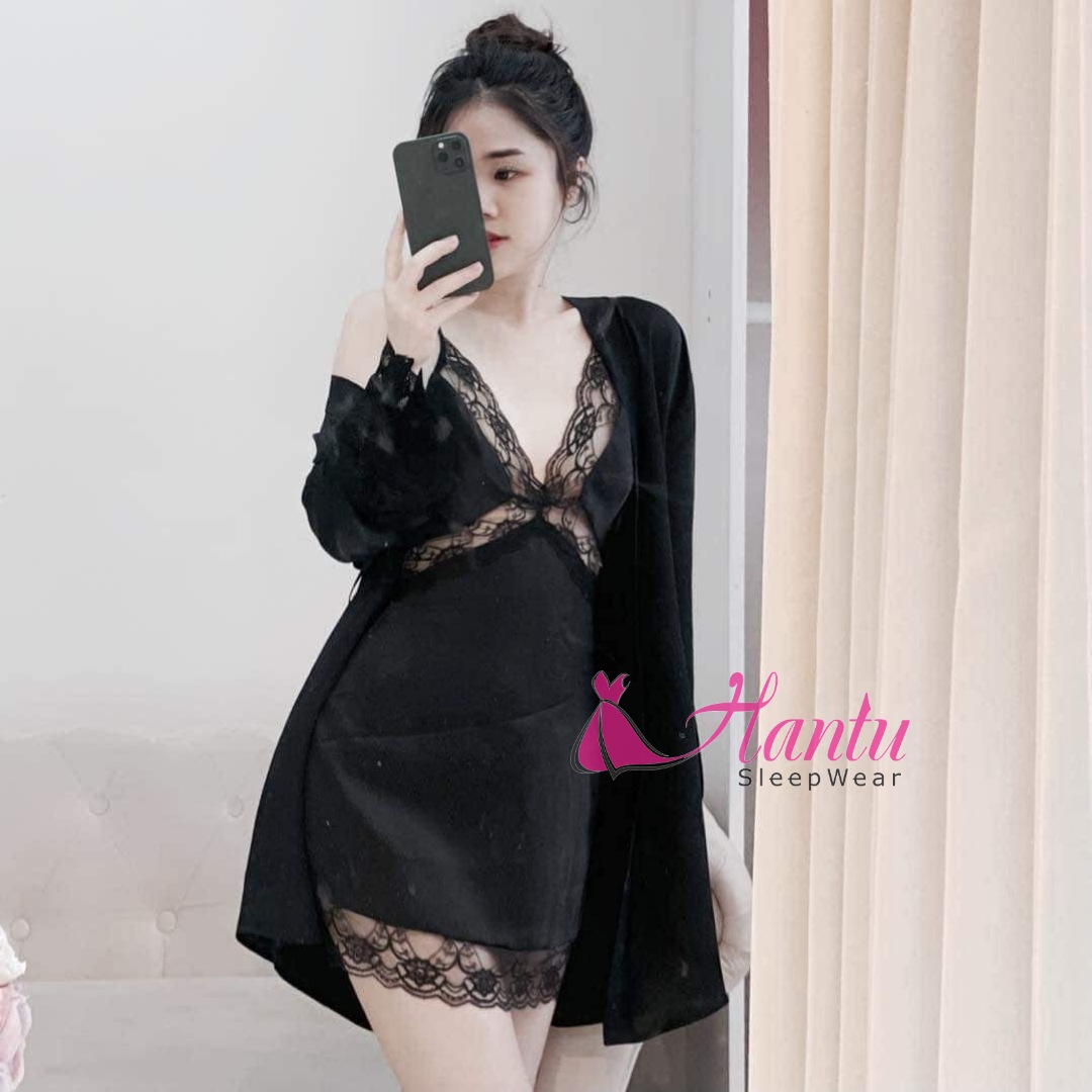 Hantu Sleepwear -Áo choàng kèm váy ngủ lụa cao cấp