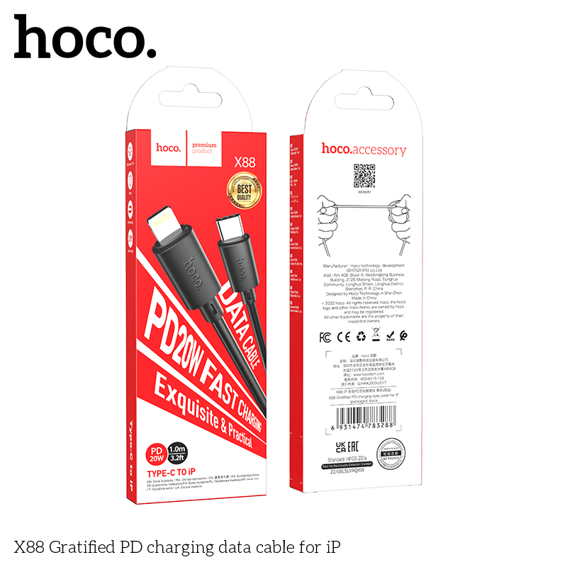 Cáp sạc nhanh PD20W Hoco X88 Type C dành cho IP10/11/12/13/14promax dây chống rối hàng chính hãng hoco