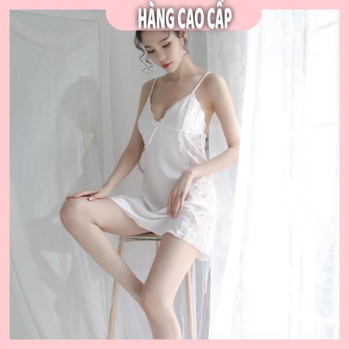 Váy ngủ lụa hai dây phối ren hông gợi cảm màu trắng kèm hình thật shop chụp  *