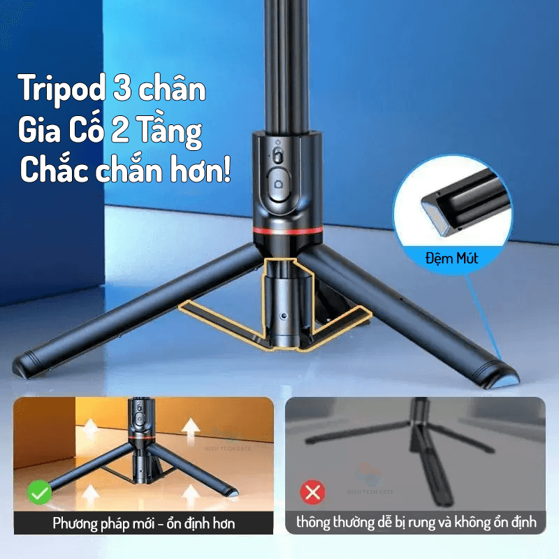 Gậy chụp ảnh 3 chân có đèn, có điều khiển từ xa, selfie tự sướng 110cm HighTechGate LONG 12 phiên bản nhỏ gọn, du lịch cầm tay, Hàng Chính Hãng