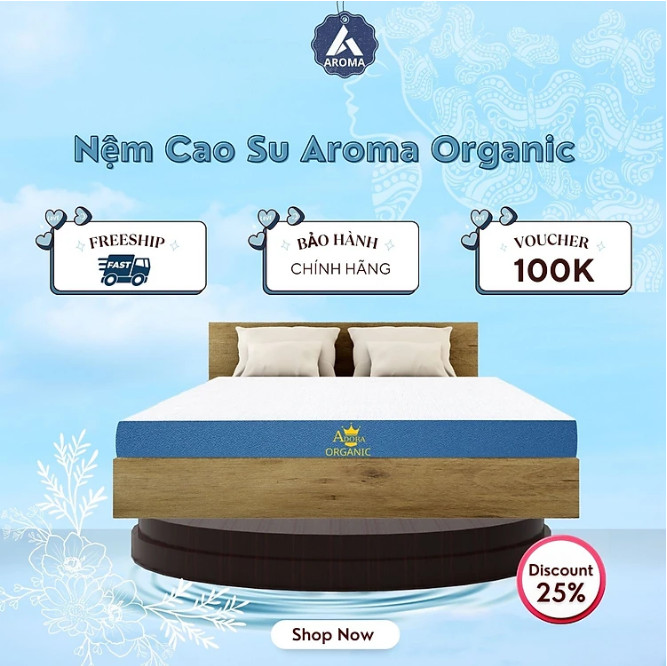 Nệm Cao Su Thiên Nhiên 2 Mặt Lỗ Tròn Aroma Organic - Êm Ái Đàn Hồi Thoáng Khí - Bảo Hành Chính Hãng 10 Năm