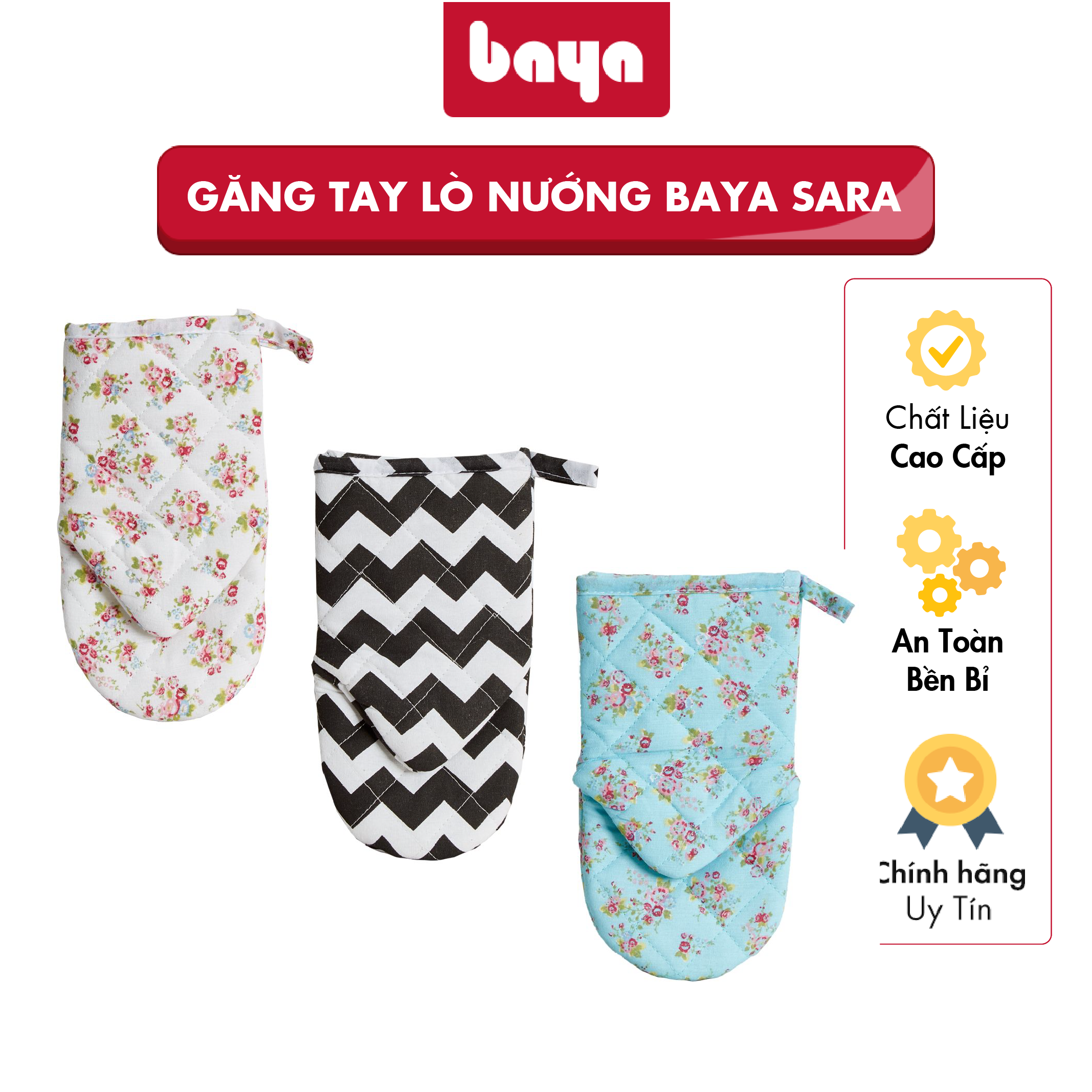 Găng Tay Chịu Nhiệt Dùng Cho Lò Nướng BAYA Sara Nhiều Màu, Họa Tiết Chất Liệu Cotton Và Vải Tổng Hợp Dày Dặn Có Quai Treo Nhỏ Kích Thước Găng Tay To, Dài