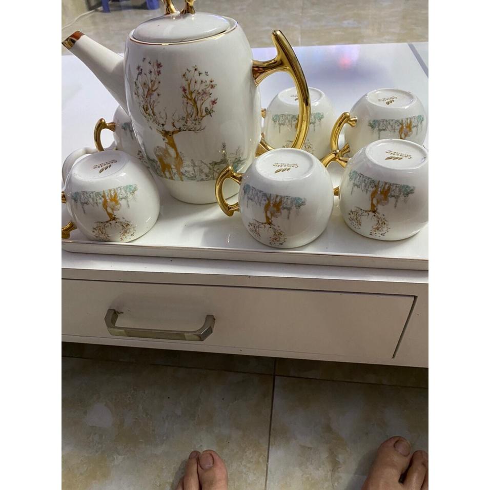 Ảnh chụp thật Bộ ấm chén sứ trắng Hươu viền vàng RB-3