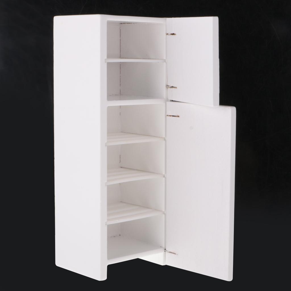 1/12 Nhà Búp Bê Đồ Phụ Kiện Nhà Bếp Gỗ Tủ Lạnh & Bàn Ghế Trắng