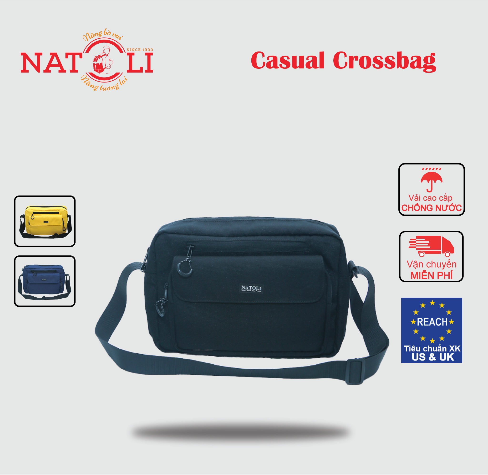 Túi đeo chéo nam nữ Casual Crossbag chính hãng NATOLI đi làm đi học du lịch bản to chống nước cá tính