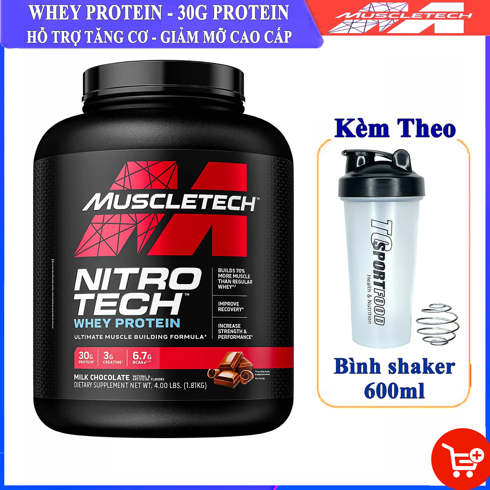 Combo Sữa tăng cơ cao cấp Whey Protein Nitro Tech của MuscleTech hộp 4 LBS hỗ trợ tăng cơ, giảm cân, đốt mỡ cho người tập GYM & Bình lắc 600 ml (Màu Ngẫu Nhiên)