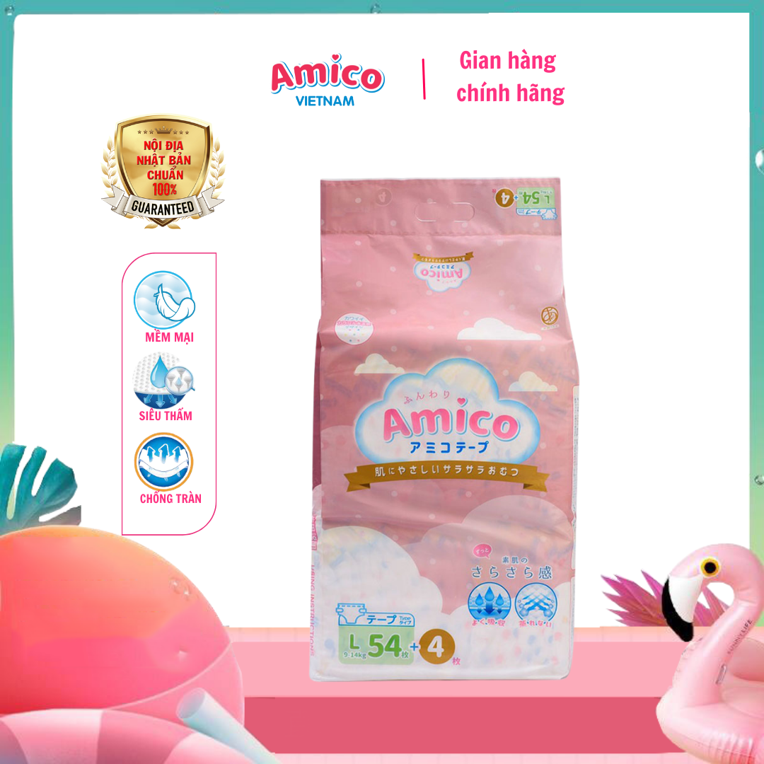 Bỉm - Tã dán Amico size L 54 + 4 miếng (Cho bé 9 - 14 kg)