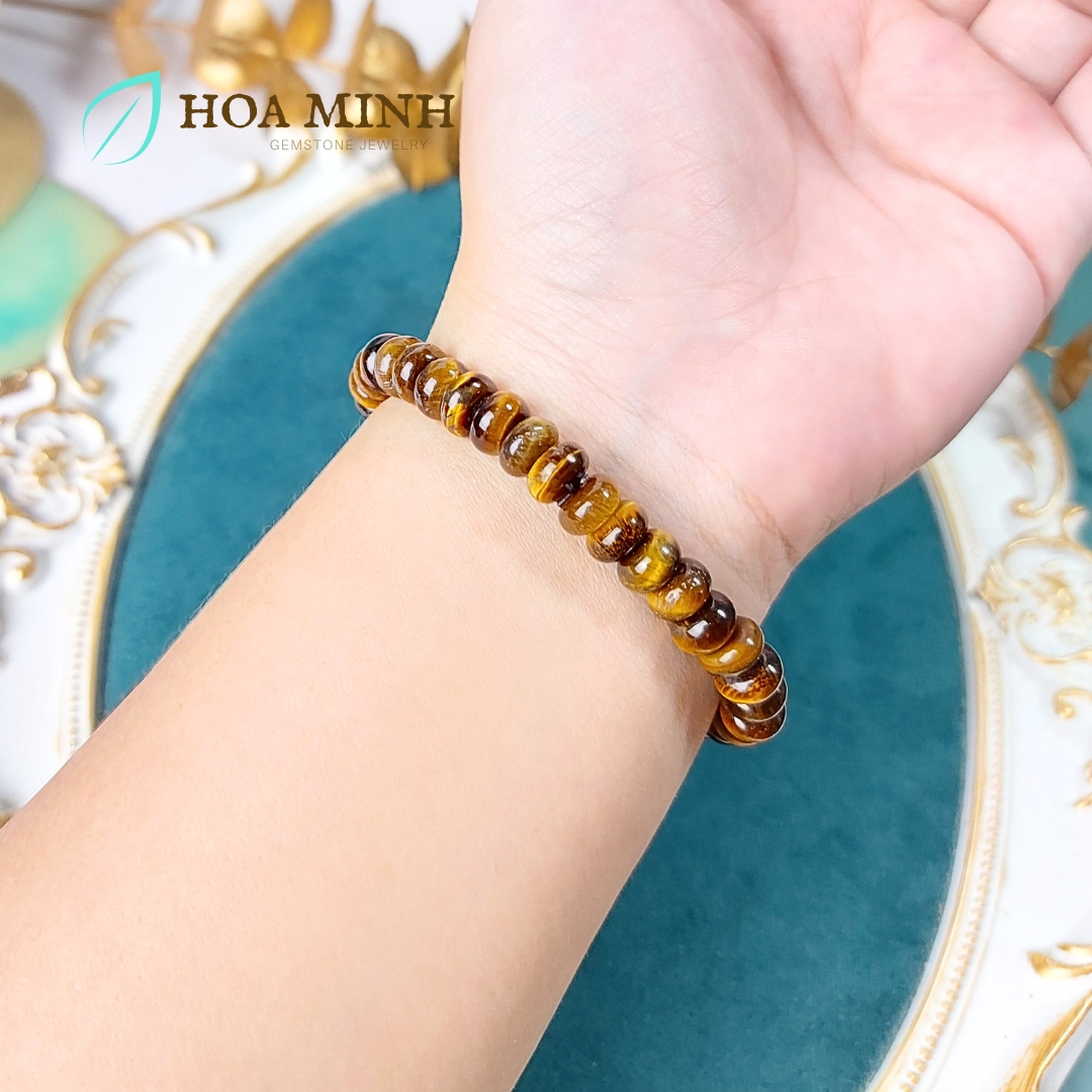 Vòng tay đá Mắt Hổ vàng nâu kiểu bánh xe size 8 li phong thủy tài lộc may mắn