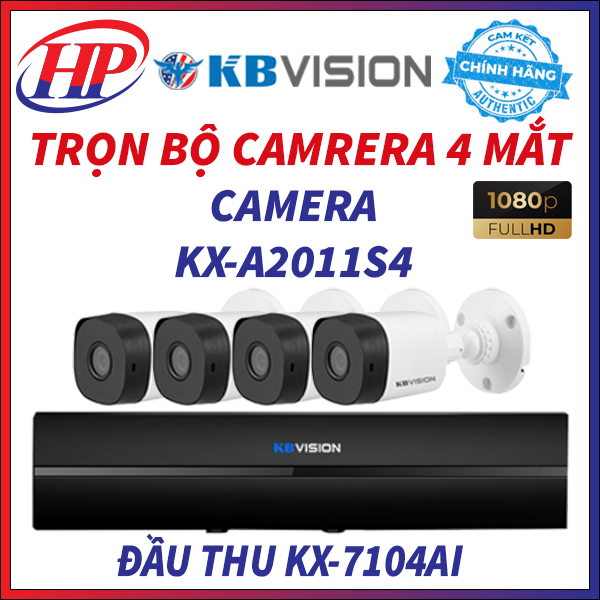 Trọn bộ camera KBVISION KX-A2011S4 (01/02/03/04 Mắt 2.0 MP) cùng đầu ghi hình DVR Ai 4 kênh KBVISION KX-7104Ai kèm đầy đủ phụ kiện, Hàng chính hãng