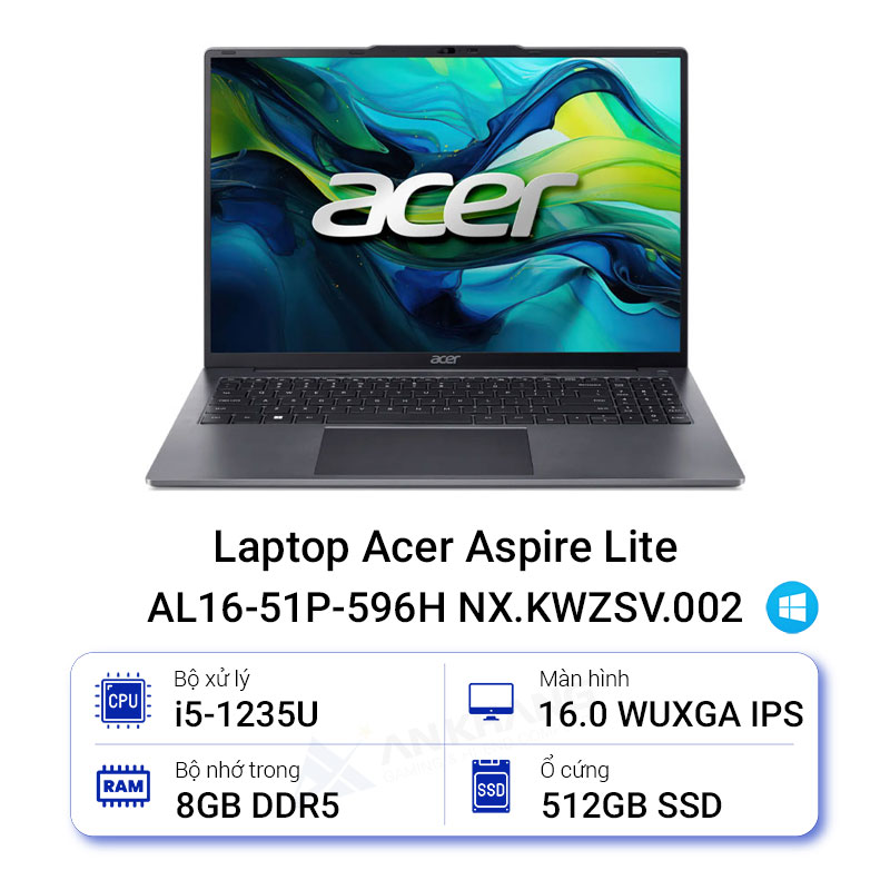Laptop Acer Aspire Lite AL16-51P-596H NX.KWZSV.002 (Intel Core i5-1235U | 8GB | 512GB | Intel HD | 16 inch WUXGA | Win 11 | Xám) - HÀNG CHÍNH HÃNG