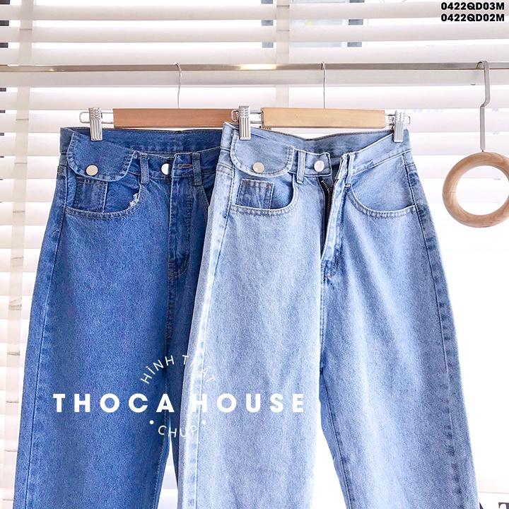 Quần jeans nữ baggy lai nấp lưng xanh đậm, nhạt THOCA HOUSE có size, thoải mái mặc đi làm, đi học cực xinh