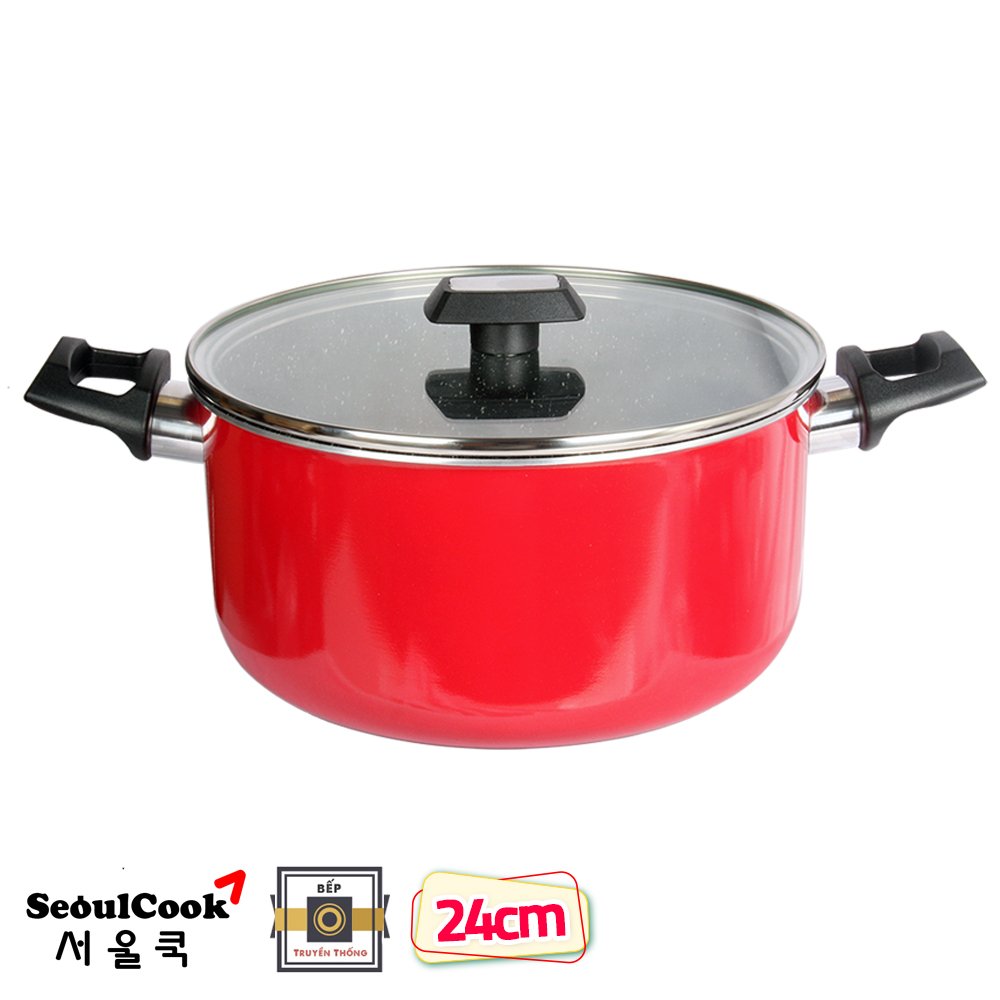 Combo 2 món cao cấp Hàn Quốc, nồi chống dính vân đá Kimscook, quai chống nóng, nắp kính cường lực viền inox size 24 cm và Chảo đúc chống dính vân đá Ecoramic sâu lòng (E) 26 cm, dùng bếp gas, hồng ngoại, ...