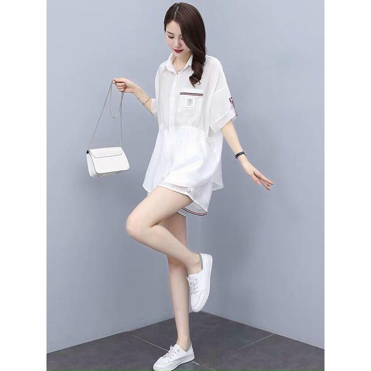 Set short sơ mi rút eo phối viền
