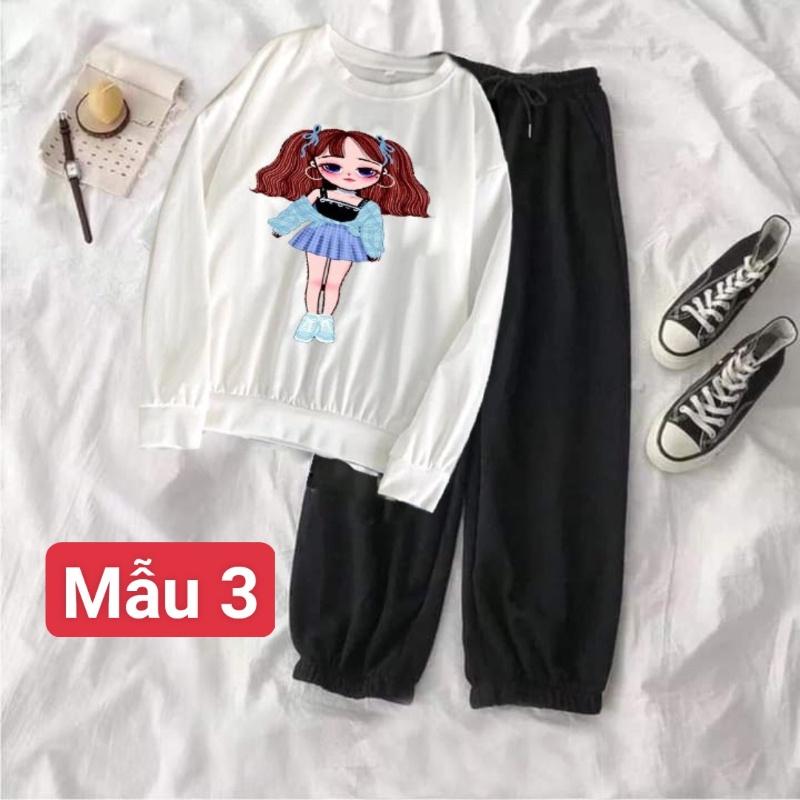 Bộ áo nỉ dài tay các hình kèm quần bom đen