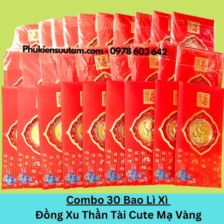 Combo 20 Bao Lì Xì Đồng Xu Thần Tài Cute Mạ Vàng, kích thước: 17cmx9cm, màu đỏ - SP005984